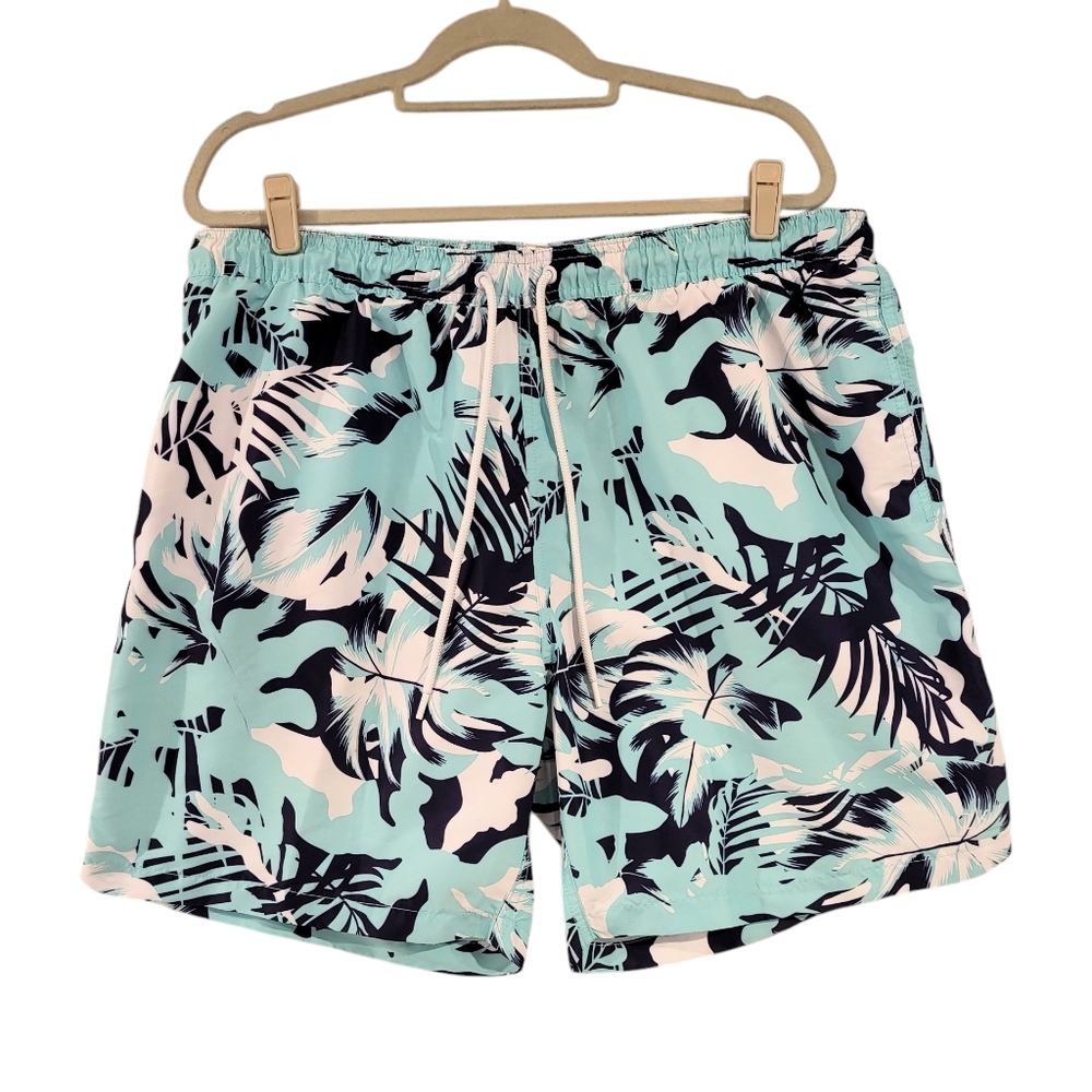 Calvin Klein‎ Mens XXL Swim Trunks Aqua Blue Tropical Drawstring Pockets …
